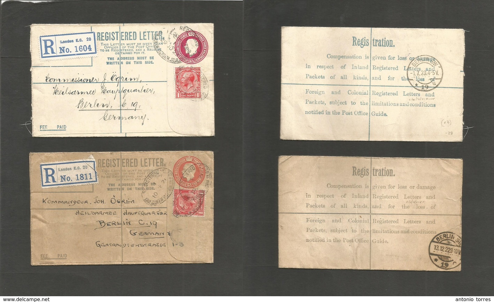 Great Britain - Stationery. 1921-23. London, Queen Victoria St - Germany, Berlin. 2 Registered 4 1/2d Red + 5d Vermilion - Autres & Non Classés