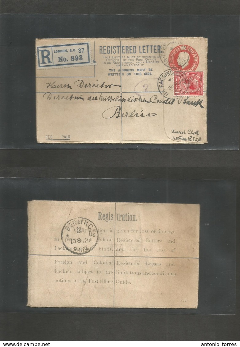 Great Britain - Stationery. 1921 (8 Aug) Farrington St, EL - Germany, Berlin. Registered 3 1/2D Red Vermilion Stat Env + - Andere & Zonder Classificatie