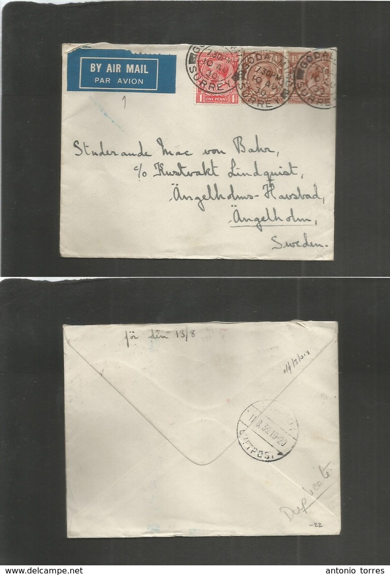 Great Britain - Xx. 1930 (10 Aug) Godalming, Surrey - Sweden, Angelholm (11 Aug) Air Multifkd Envelope. Fine Usage With  - Sonstige & Ohne Zuordnung