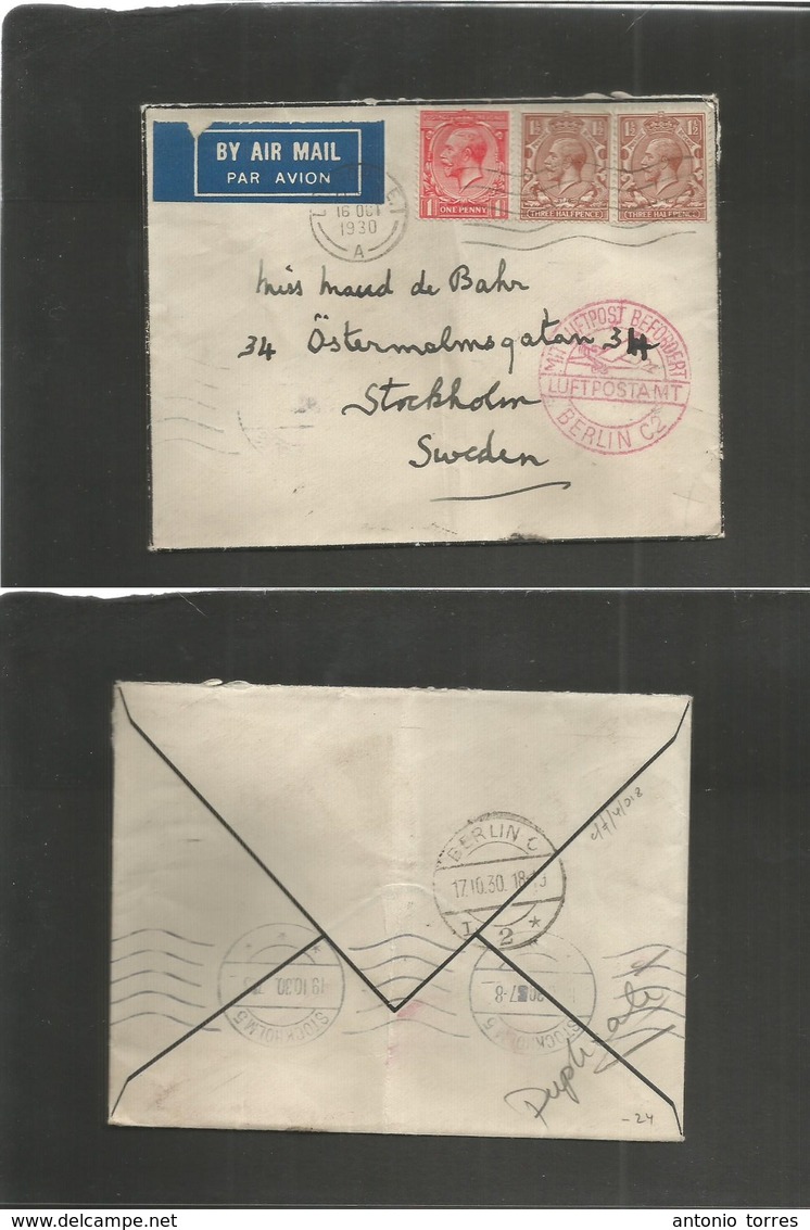 Great Britain - Xx. 1930 (16 Oct) London - Sweden, Stockholm (19 Oct) Via Berlin (17 Oct) Air Multifkd Envelope, Tied Ai - Autres & Non Classés