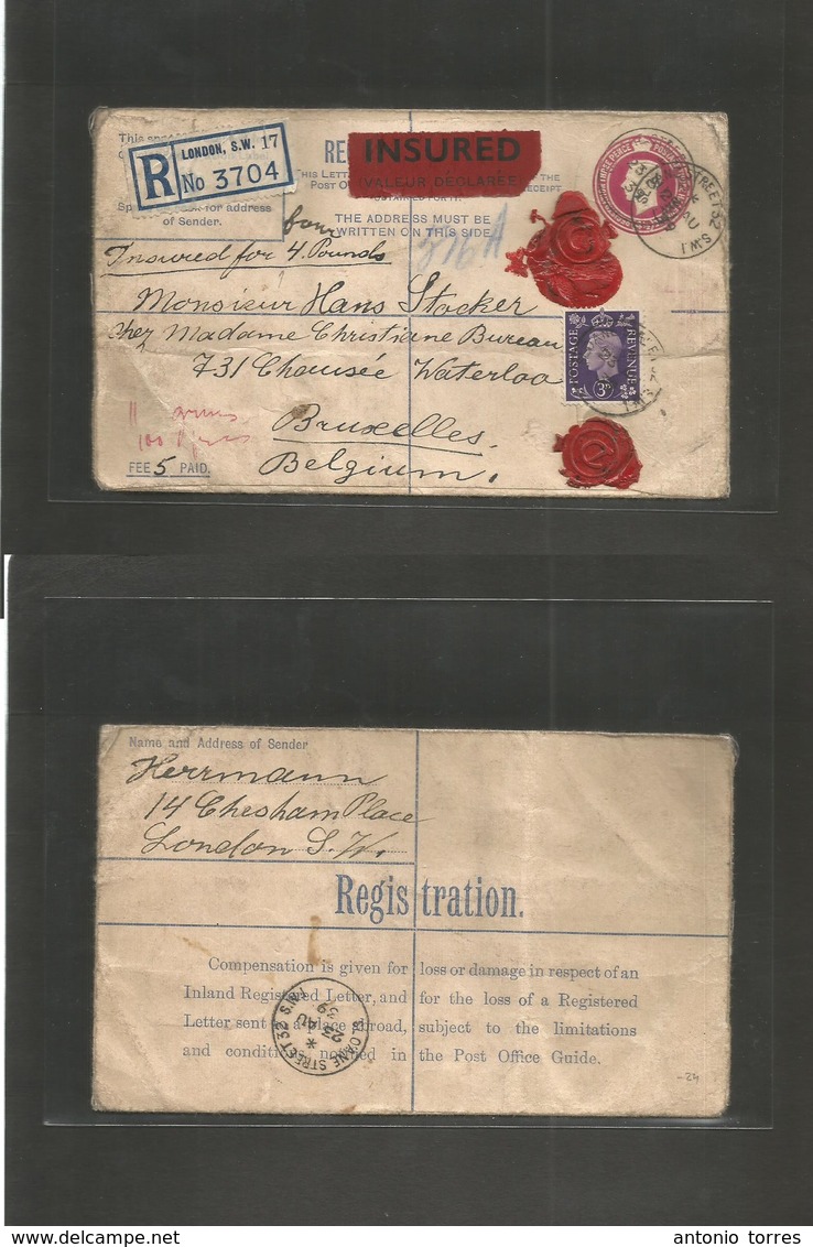 Great Britain - Stationery. 1939 (29 Aug) Sloane Street - Belgium, Bruxelles. Registered Insured (GBP 4,00) 3 1/2d Red S - Autres & Non Classés