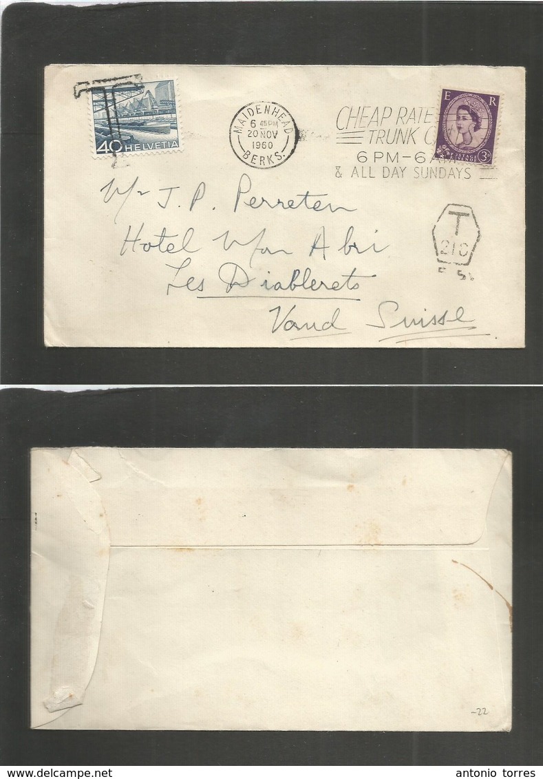 Great Britain - Xx. 1960 (20 Nov) Maidenhead, Berks - Switzerland, Les Diablerets. Fkd Single 3d Stamp, Slogan Cancel +  - Sonstige & Ohne Zuordnung