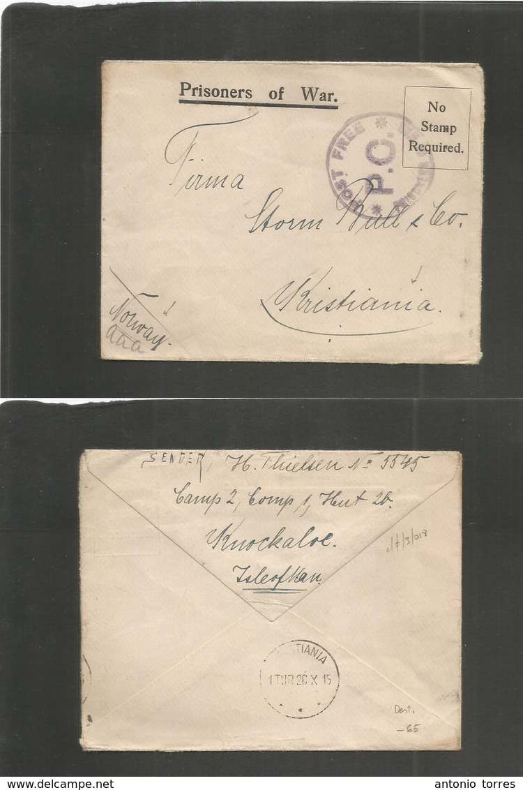 Gb - Channel Islands. 1915 (Oct) WWI. Isle Of Man. POW Mail. Knockaloe. Addressed To Norway (26 Oct) Scarce Destination. - Autres & Non Classés