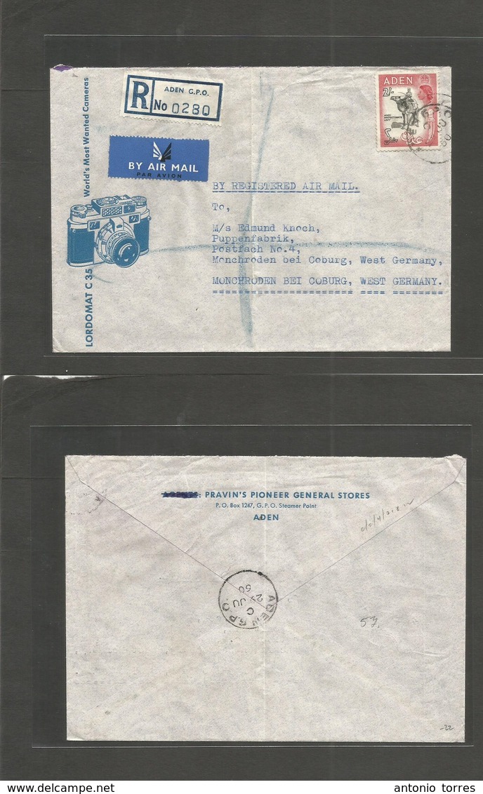 Bc - Aden. 1950 (29 June) GPO - West Germany, Monch Roden. Registered Air Photo Machine Illustrated Envelope. 2sh Stamp  - Other & Unclassified