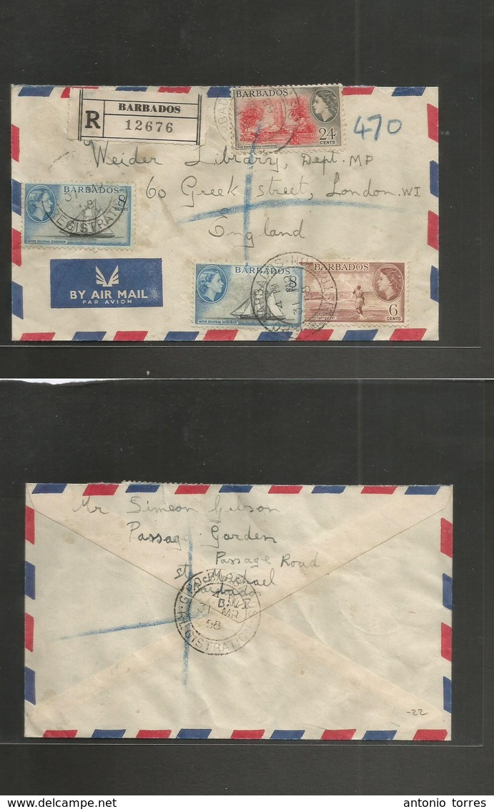 Bc - Barbados. 1958 (31 March) GPO - UK, London. Registered Airmail Multifkd Env. - Autres & Non Classés