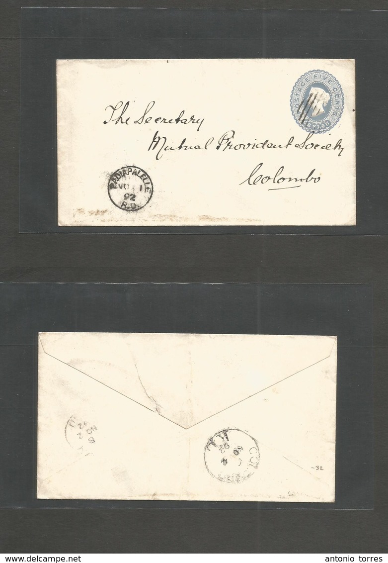 Bc - Ceylon. 1892 (Nov 1) Padiapalelle - Colombo 5c Grey Blue Stat Envelope, Cds. Fine Used. - Autres & Non Classés