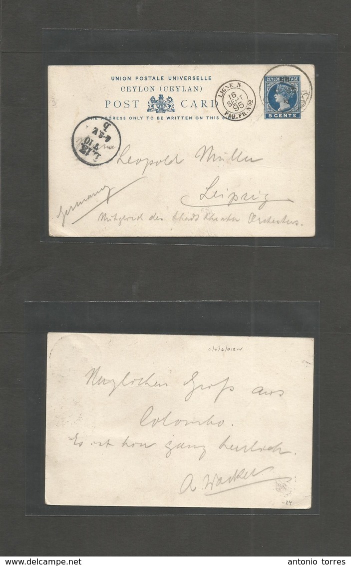 Bc - Ceylon. 1895 (Sept) Colombo - Germany, Leipzig (7 Oct) 5c Blue QV Stat Card, Cds + French Pqbot + Ligne N Nº2 Cds A - Sonstige & Ohne Zuordnung