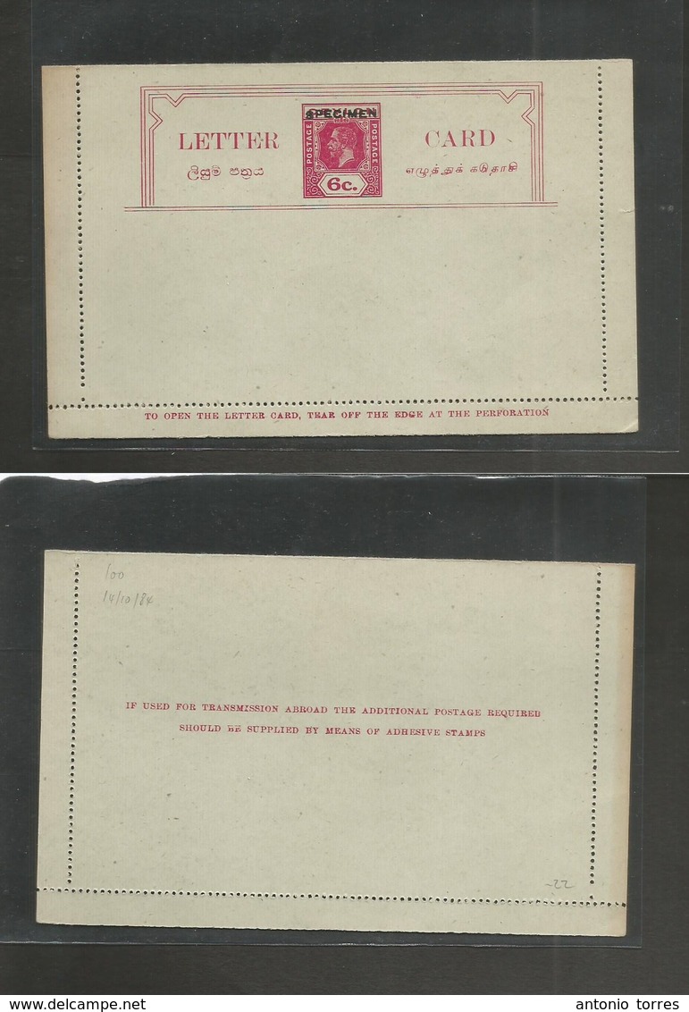 Bc - Ceylon. C. 1910. 6c Red Stationary Lettersheet, Ovptd. SPECIMEN. VF. - Autres & Non Classés