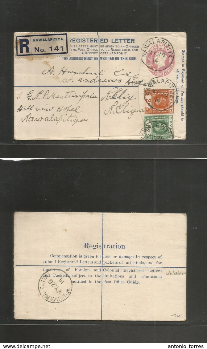 Bc - Ceylon. 1914 (25 March) Nawalapitiya - Nuwana ELLY. Local KEII Registered. 10c Rose Stat Env + 2 Adtls, Cds +  R -  - Autres & Non Classés