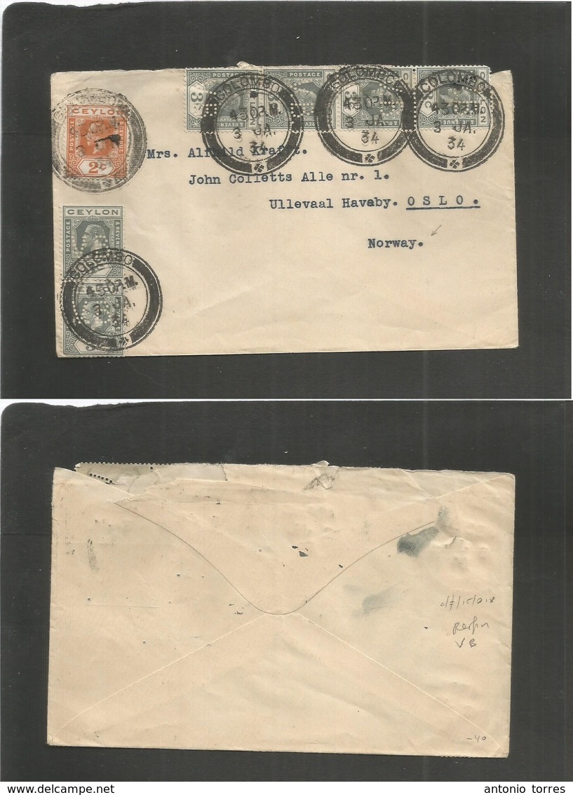Bc - Ceylon. 1934 (3 Jan) Perfin VB. Colombo - Norway, Oslo. Multifkd Envelope. Fine Usage + Scarce. - Autres & Non Classés