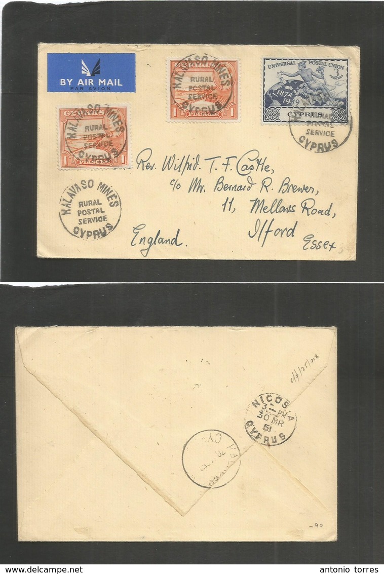 Bc - Cyprus. 1951. Rural Post. Kalawaso Mines - UK, Ilford. Air Multifkd Env Incl UPU Stage. Fine Cachet Transited Rever - Autres & Non Classés