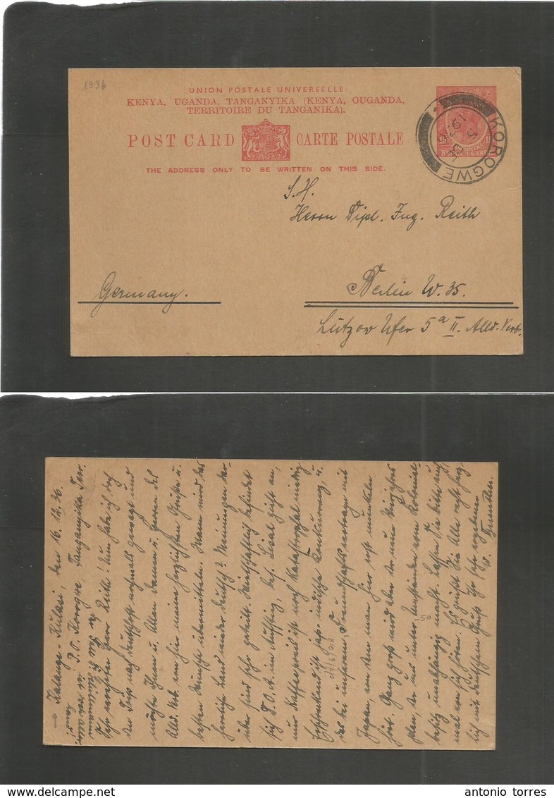 Bc - Kenya. 1936 (16 Dec) KALANGE.KULASI - Germany, Berlin. 15c Red Stat Card Via KOROGWE. VF + Scarce Origin / Comercia - Autres & Non Classés