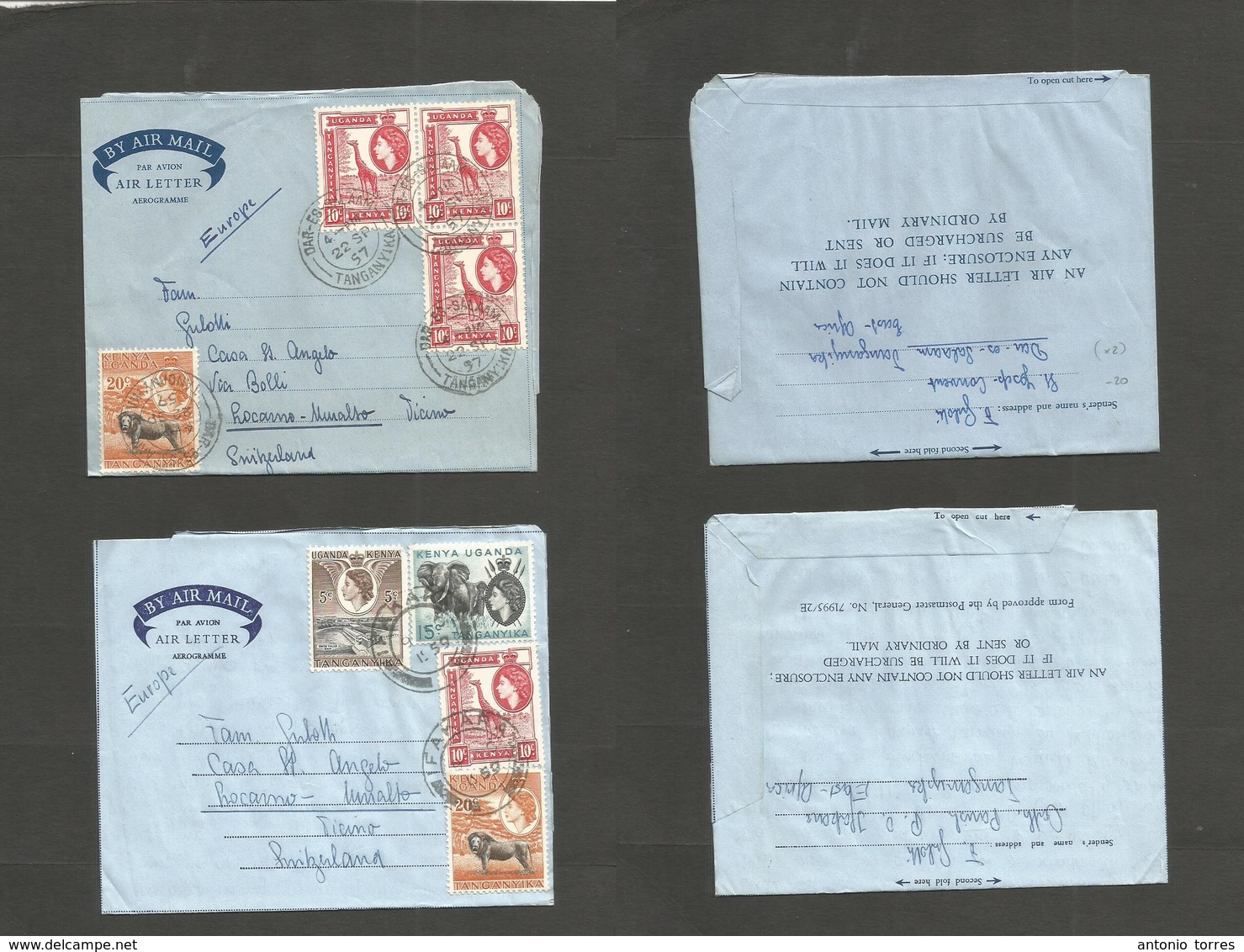 Bc - Kenya. 1957-9. Ifakara - DES 2 Multifkd Airlettersheets Usage To Switzerland, Ticino. Gyraffe Issues + Fine Pair. - Autres & Non Classés