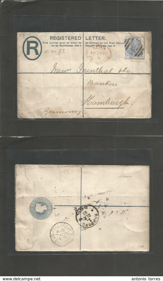 Bc - Malta. 1883 (15 Feb) GPO - Germany, Hamburg (21 Feb) Registered 2d Blue Stat Env + 2 1/2 Blue GB QV Adtl, Tied A-26 - Autres & Non Classés