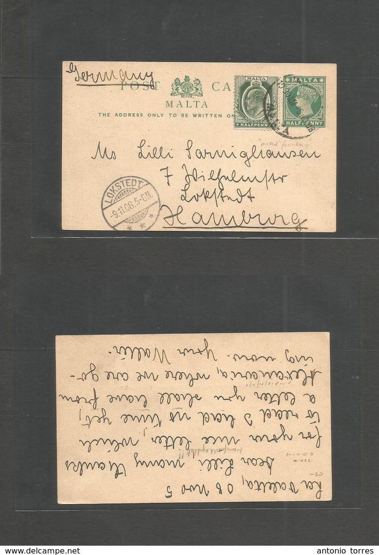 Bc - Malta. 1908 (5 Nov) La Valetta - Germany, Hamburg (9 Nov) 1/2d Green QV Stat Card + 1/2d Green Adtl. K. Ed VIII Cds - Autres & Non Classés