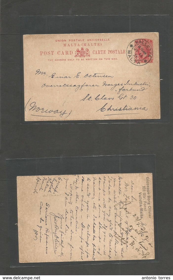 Bc - Malta. 1921 (14 July) Valleta - Norway, Christiania. 1d Red Stat Card. Fine Used + Better Dest. - Sonstige & Ohne Zuordnung