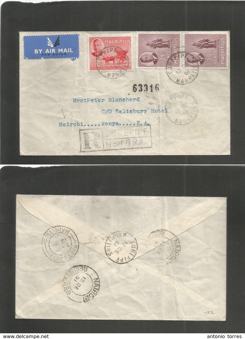 Bc - Mauritius. 1951 (12 Dec) Curepipe - Nairobi, Kenya. East Africa (13 Dec) Registered Air Multifkd Envelope. Via Port - Autres & Non Classés