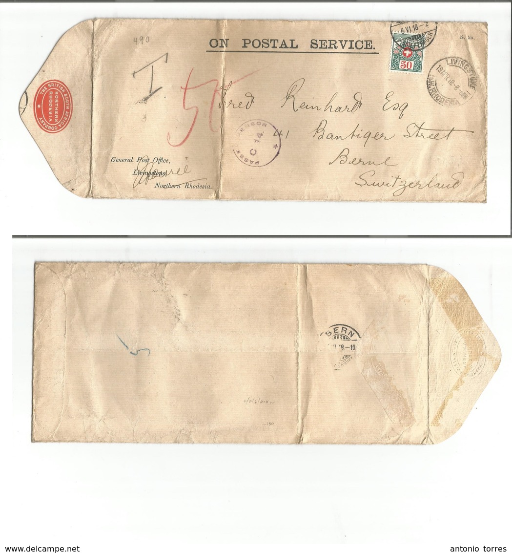 Bc - Rhodesia. 1918 (19 April) The BSAC Red Embossed Seal Stationery Official Envelope. GPO Livingstone - Switzerland, B - Autres & Non Classés