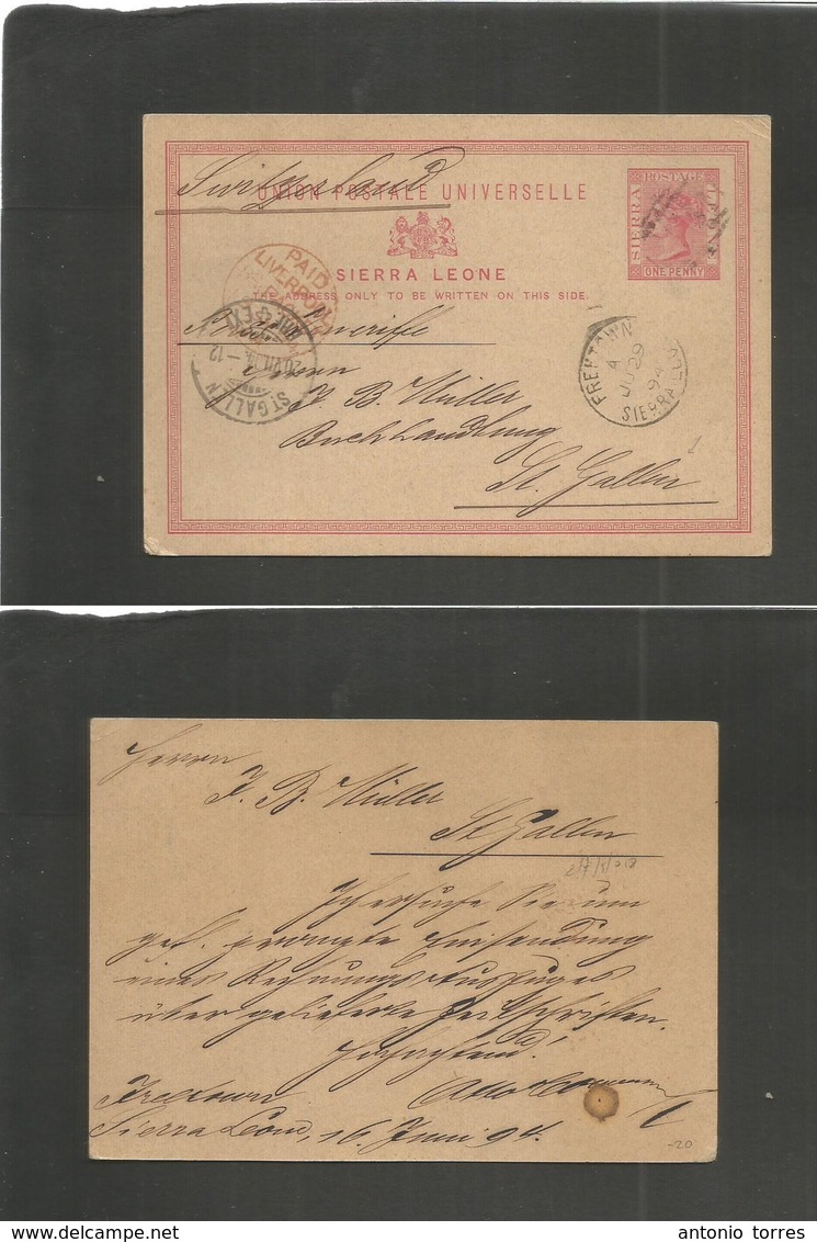 Bc - Sierra Leone. 1894 (16 June) Freetown - St. Gallen, Switzerland (20 July) 1d Red Stat Card. Fine Comercial Usage. - Autres & Non Classés