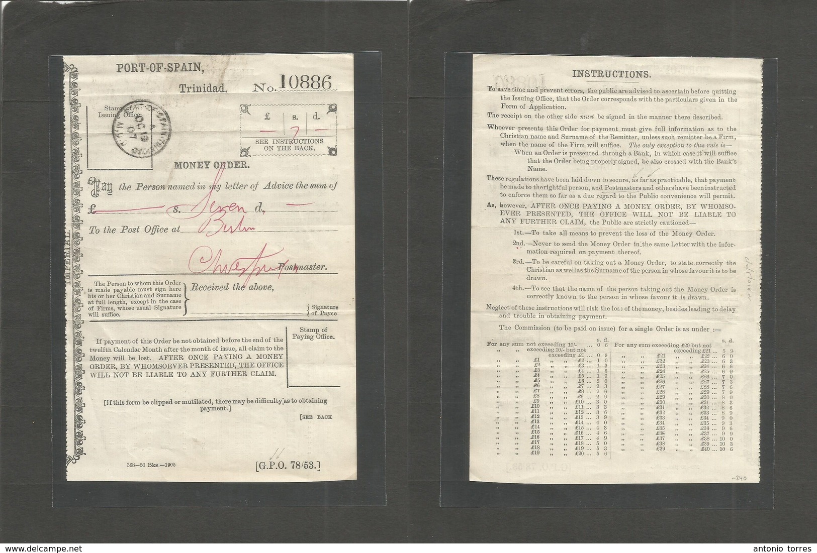 Bc - Trinidad. 1907 (Oct 19) Port Spain - Germany, Berlin. Postal Money Order Receipt With Restriction To Postmaster GPO - Other & Unclassified