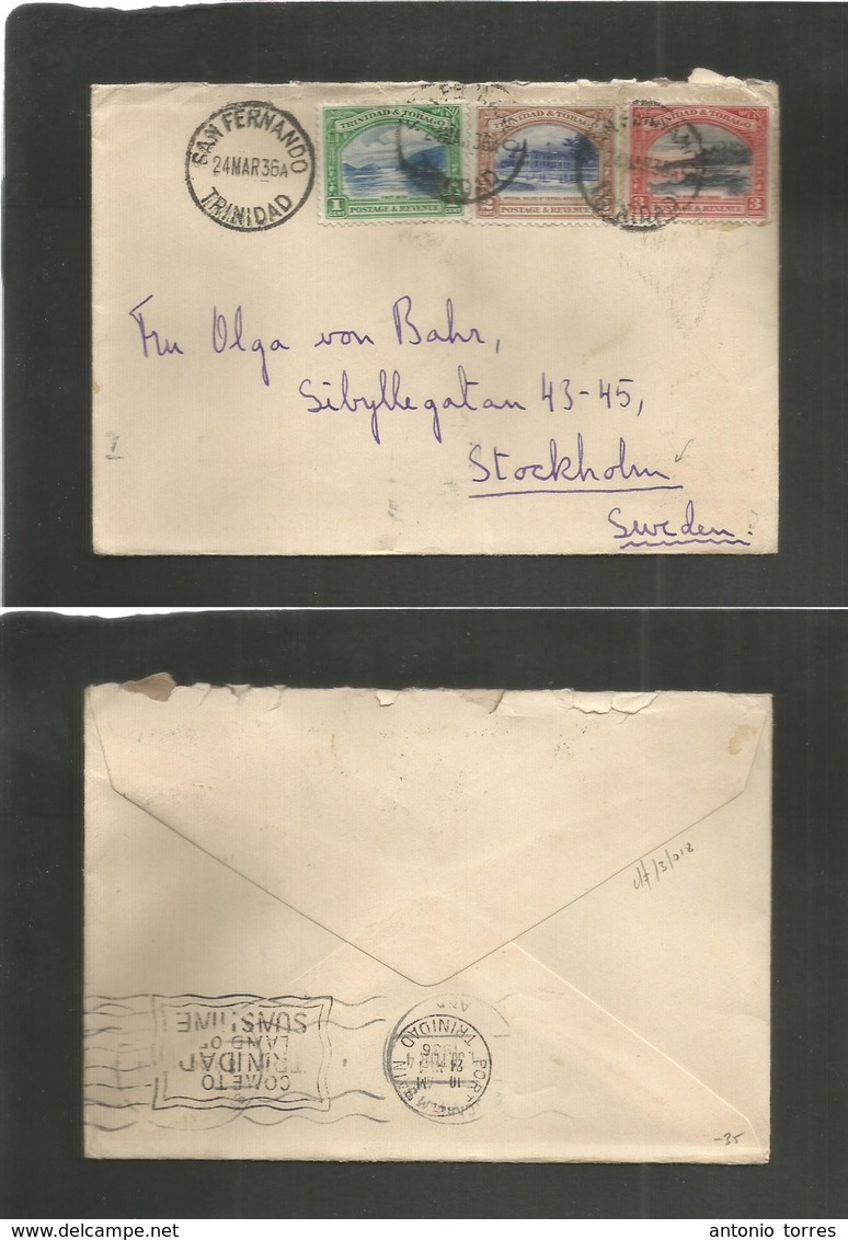 Bc - Trinidad. 1936 (24 March) San Fernando - Sweden, Stockholm. Lovely Village Tricolor Fkd Envelope + Dest. VF. - Autres & Non Classés