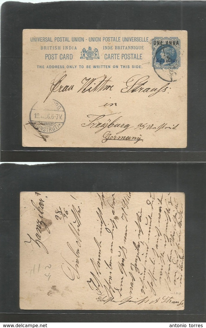 BC - Zanzibar. 1896 (28 Oct) Zanzibar - Germany, Frieburg. India One Anna Blue Stationary Card, Provisional "ZANZIBAR" O - Autres & Non Classés