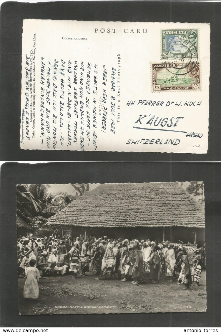 Bc - Zanzibar. 1958 (8 July) GPO - Switzerland, K'augst. Fkd Ppc Local Tribe Dancers. Scarce Circulation. Very Nice. - Autres & Non Classés