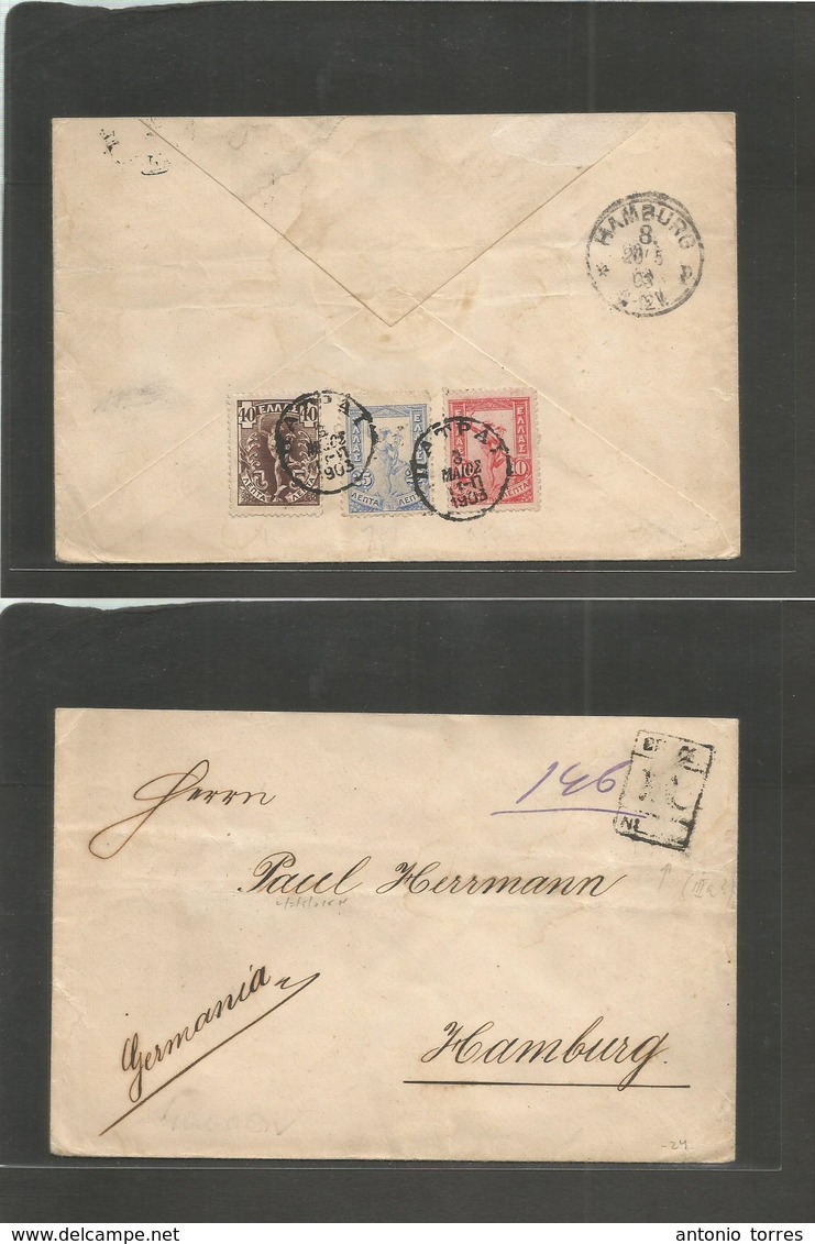 Greece. 1903 (3 May) Patrai - Germany, Hamburg (20 May) Reverse Multifkd Registered Envelope. Fine Tricolor Usage. - Autres & Non Classés