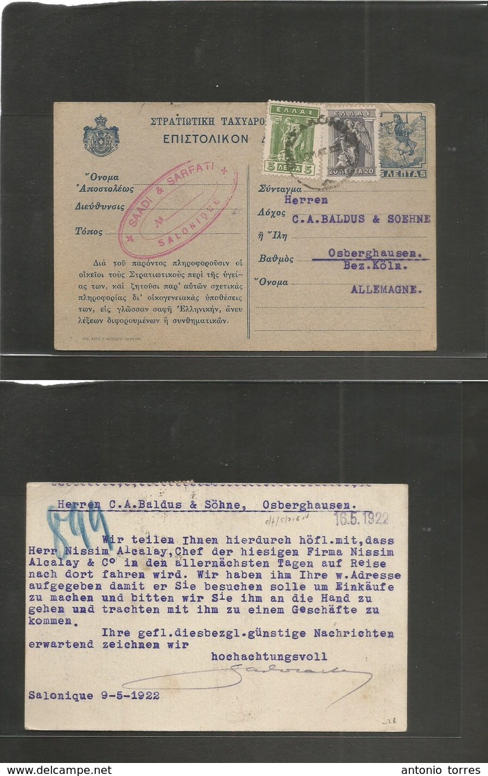 Greece. 1922 (9 May) Salonique - Germany, Osberghausen. 5 Lepto Blue / Grey Stat Card + 2 Adtls, Cds. Fine Used. - Autres & Non Classés