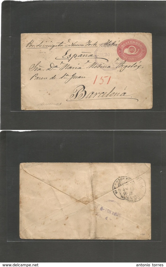 Guatemala. 1896 (Enero 30) Coban - Spain, Barcelona. 10c Rose Embossed UPU Stat Envelope Via USA - Livingston. Rare Dest - Guatemala
