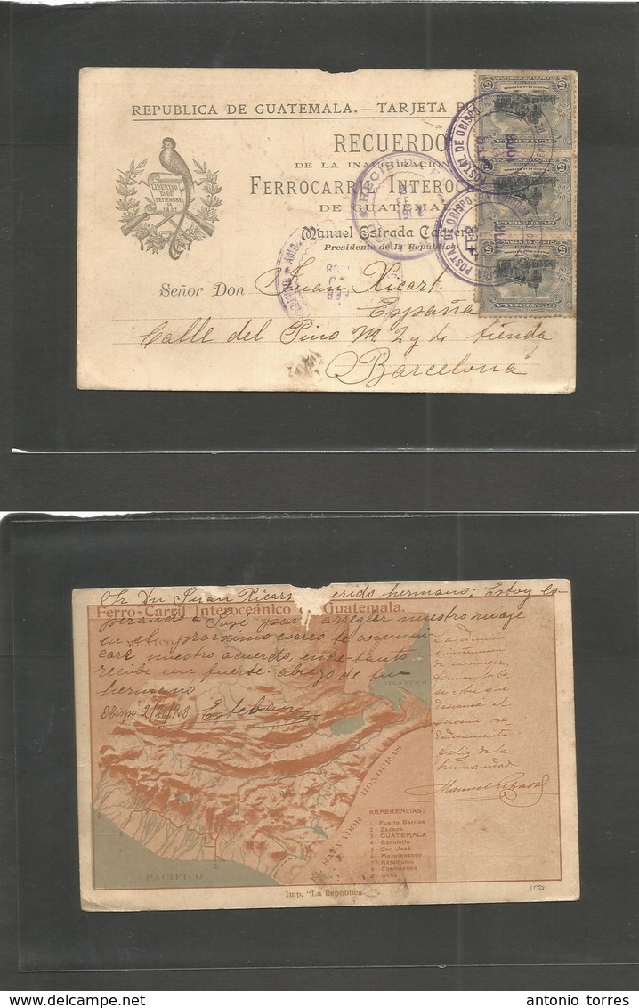 Guatemala. 1906 (21 Febr) Agencia Postal OBISPO, Dept Esquintla - Spain, Barcelona. Early Illustrated Multifkd Ppc. Rari - Guatemala