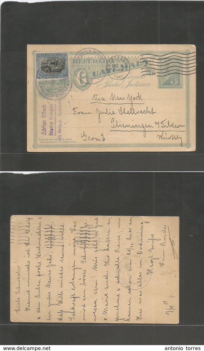 Guatemala. 1911 (17 Nov) Alta Verapaz - Germany, Plieningen. Via Puerto Barrios,Izabel - NYC - N. Orleans (Dec 11) 3c Gr - Guatemala