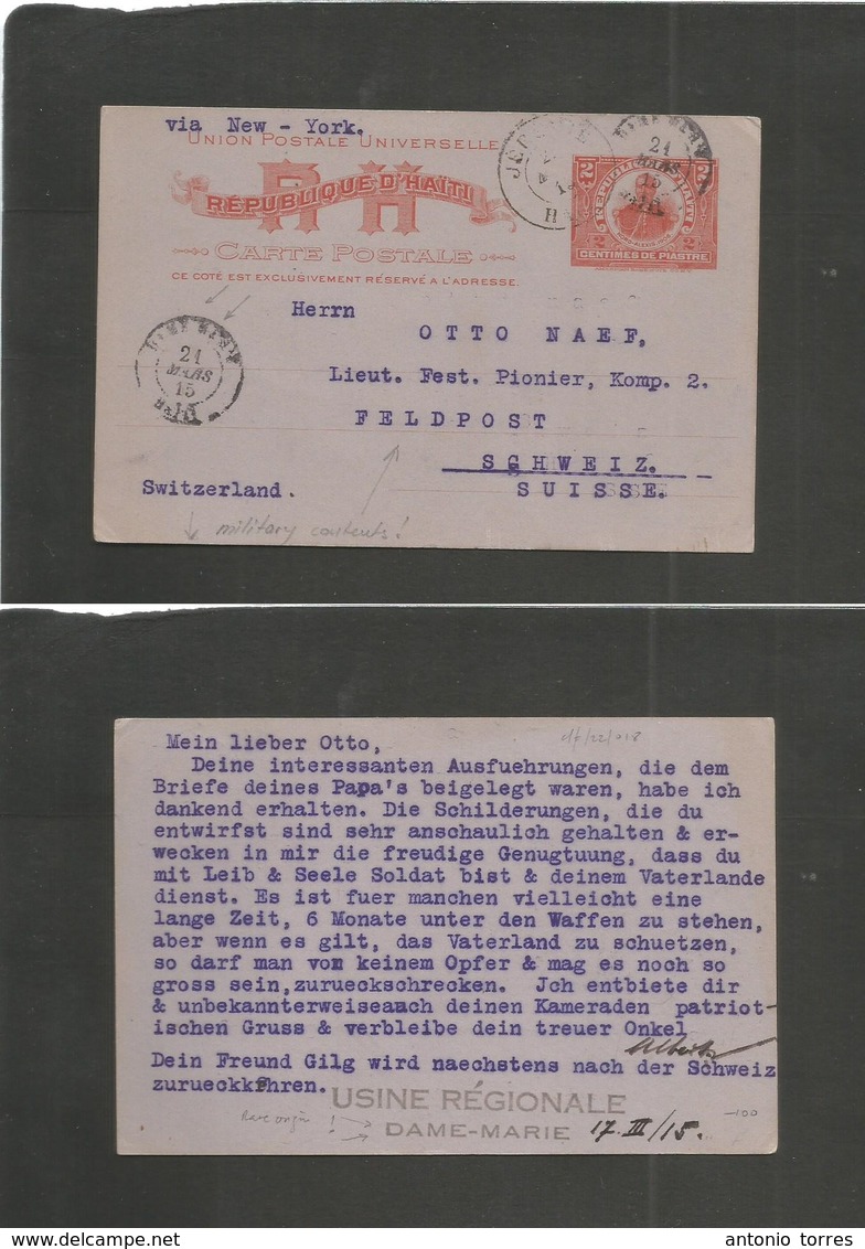 Haiti. 1915 (17 March) Dame Marie - Switzerland, Feldpost. WWI Mail 2c Red Stat Card Via NY. Very Rare Origin Village Cd - Haïti