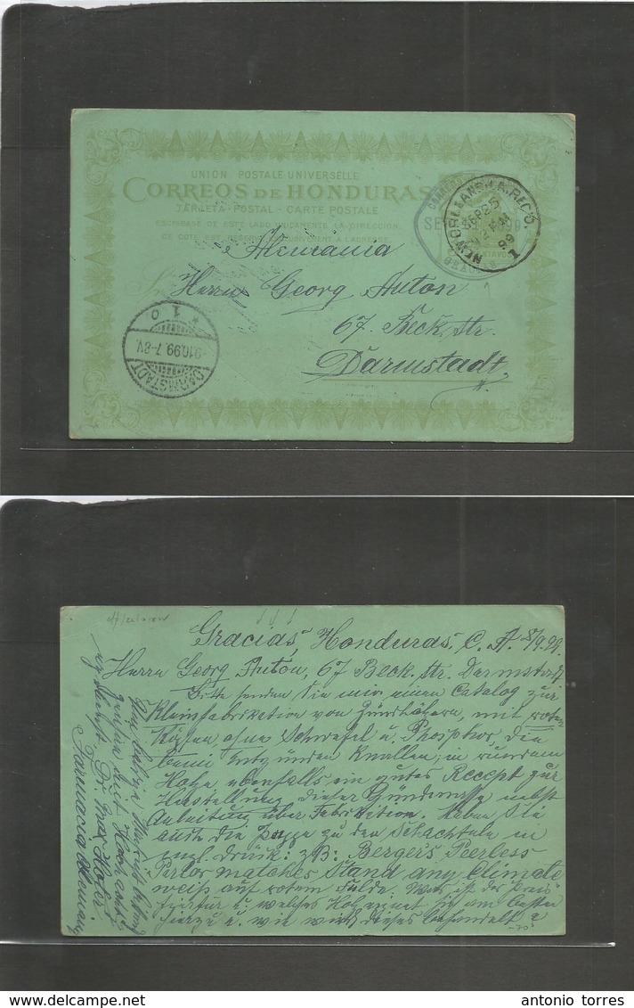 Honduras. 1899 (8 Sept) GRACIAS (a Dios) - Germany, Darmstadt (9 Oct) 3c Green On Freemish Stationary Card + Cds + Via N - Honduras