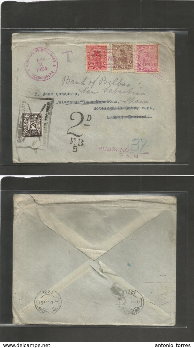 Honduras. 1924 (2 Enero) Tegucigalpa - London, UK. Multifkd Env + GB Taxed P. Dues, Tied Boxed + Fwded To Spain. San Seb - Honduras