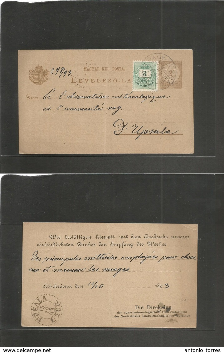 Hungary. 1893 (11 Oct) Altkrasno, Nagy Bossa - Sweden, Lipsala (15 Oct) 2h Brown Stat Card + 3h Green Adtl With Reverse  - Autres & Non Classés