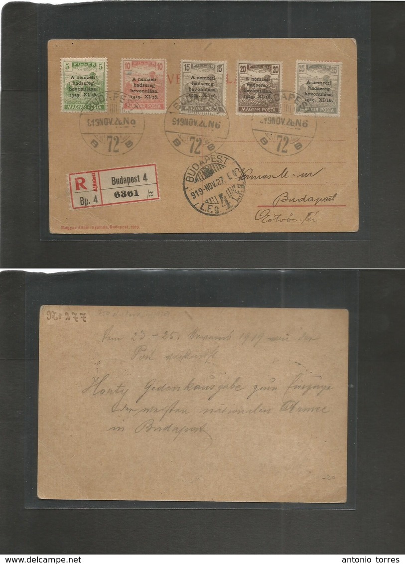 Hungary. 1919 (27 Nov) Budapest Local Registered Overprinted Usage Stat Card. With Message. Fine. - Sonstige & Ohne Zuordnung