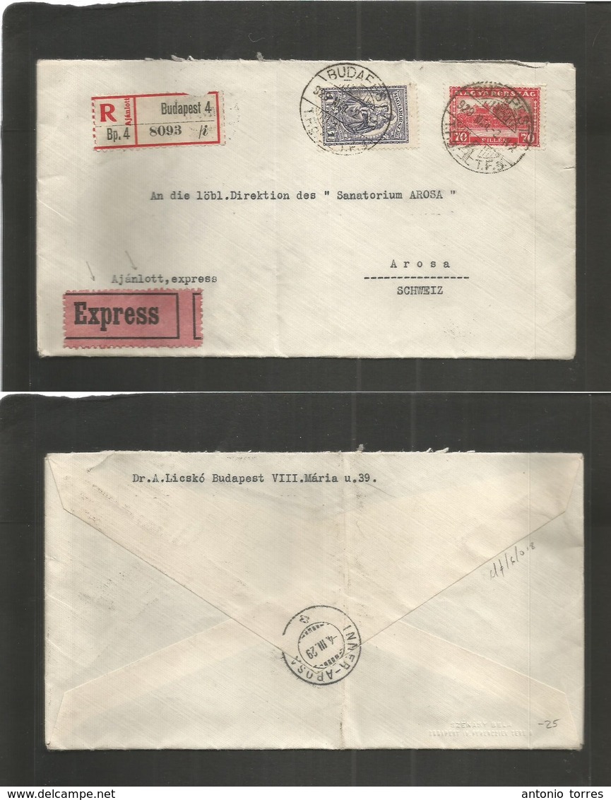 Hungary. 1929 (2 March) Budapest - Switzerland, Arosa (4 March) Registered Express Fkd Env + 2 Special Labels. Fine Unco - Autres & Non Classés