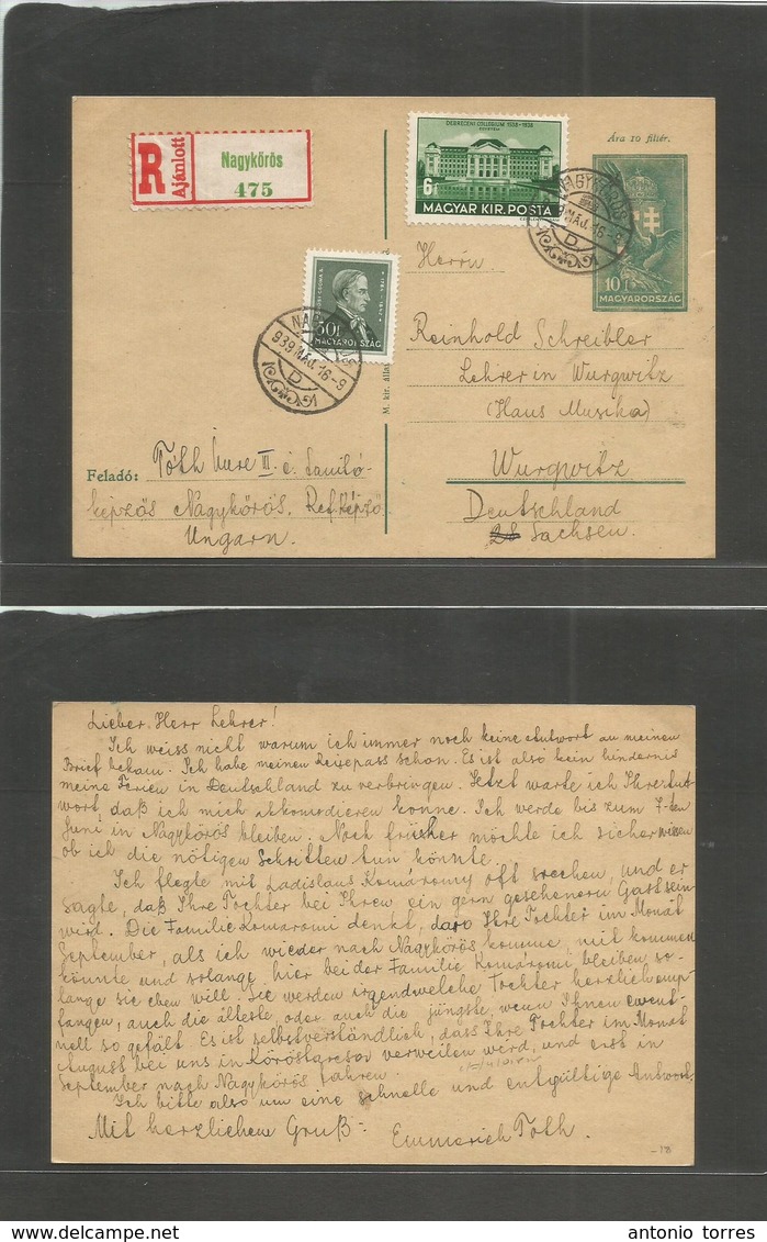 Hungary. 1939 (16 May) Nagykoros - Germany, Wurgwilz. Registered 10f Green Stat Card + 2 Adtls. Fine Used. - Sonstige & Ohne Zuordnung