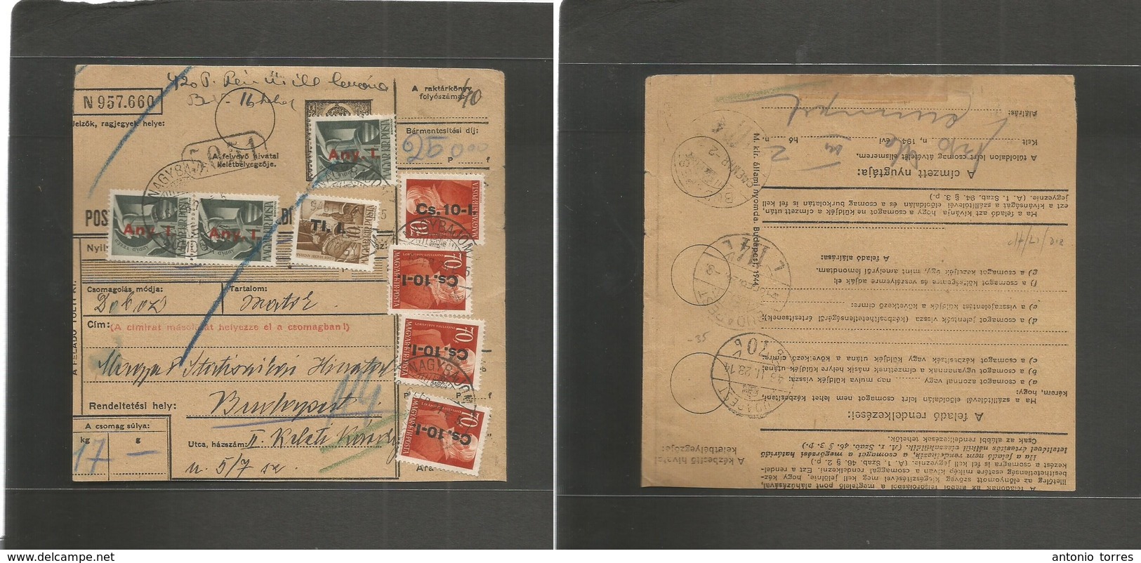 Hungary. 1946 (21 Febr) Nagybajom - Budapest. Hyper Inflation Period. Multifkd Ovpt Stat Package Card. Fine. - Autres & Non Classés