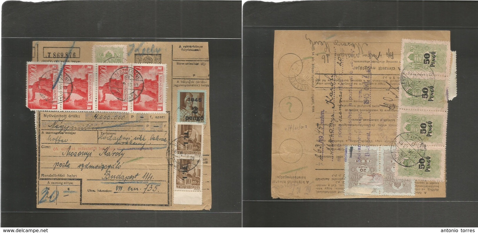 Hungary. 1946 (13 Oct) Jaszbereny - Budapest. Inflation Period. Multifkd State Card. Ovptd Issues + Fiscals Cds. Fine. - Other & Unclassified