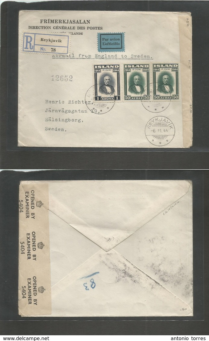 Iceland. 1944 (6 Nov) Reykjavik - Sweden, Halsingborg. Registered Air Multifkd Envelope By Air From England To Sweden (t - Autres & Non Classés