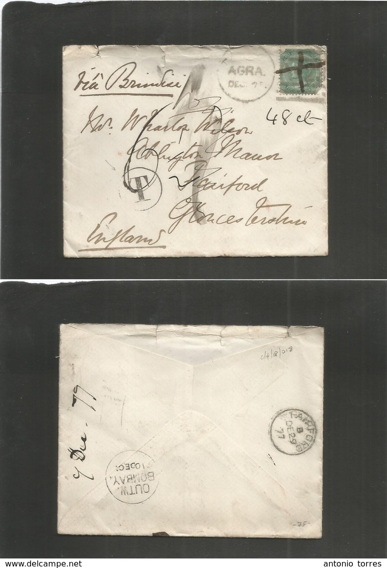 India. 1877 (Dec 7) Agra - UK, Fairford, Gloucestershire. Single 4anna Green Fkd Envelope + Taxed + Aux Cachet + Charges - Sonstige & Ohne Zuordnung