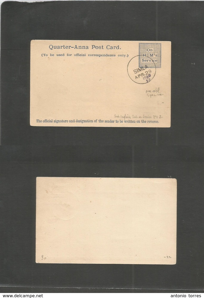 India. 1880 (Apr 29) SIMLA. OHMS 1/4 Amr. Preobl. Specimen Stationary Card. - Autres & Non Classés