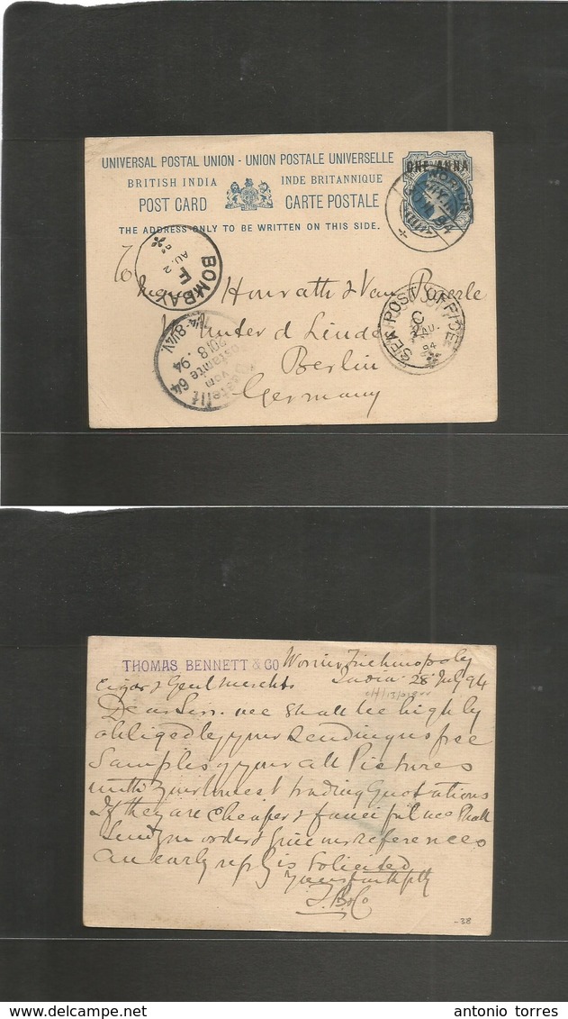 India. 1894 (28 July) Woriur, Trichinopoly - Germany, Berlin (20 Aug) 1 Am Ovtpd Stat Card. Via Bombay - Sea. - Autres & Non Classés