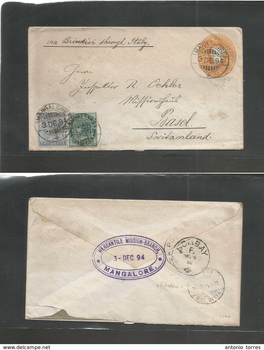 India. 1894 (3 Dec) Mangalore - Switzerland, Basel (29 Dec 94) Multifkd 2a 6p Yellow Stat Env (+2 Adtls) Cds. Via Brindi - Autres & Non Classés