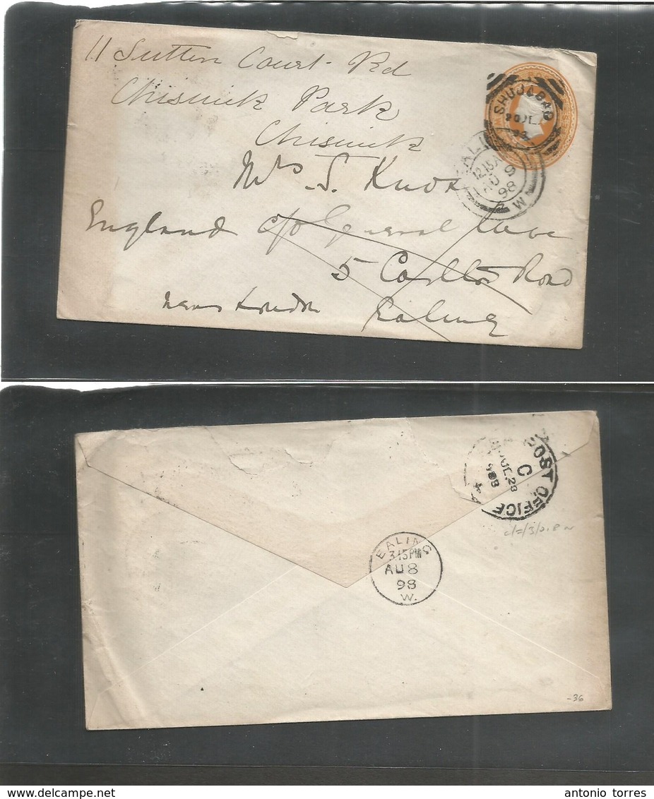 India. 1898 (20 July) Shuajabad - UK, Ealing (Aug 9) Fwded. 2a6p Yellow Orange Stat Env, Old Type Cds. Fine Used. - Sonstige & Ohne Zuordnung