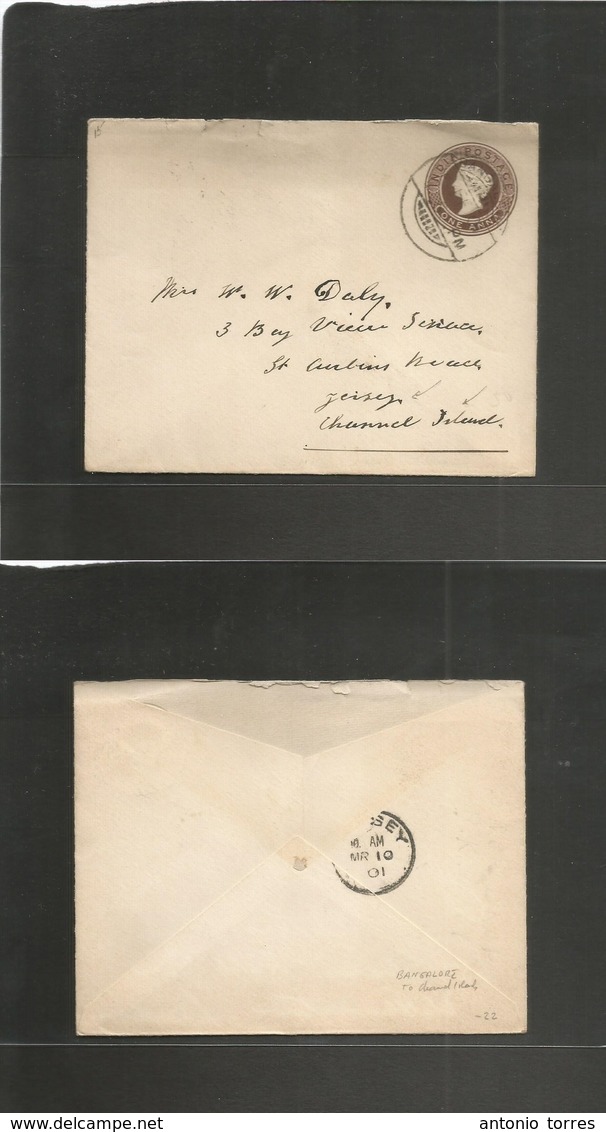 India. 1901 (Febr) Bangalore - Jersey, Channel Isslands, Europe. 1 Anna Brown Stat Envelope, Cds. - Autres & Non Classés