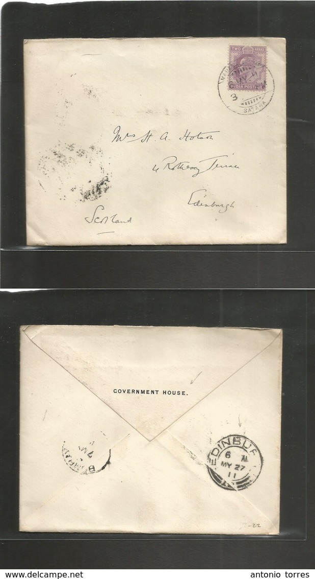India. 1911 (6 May) Nahas, Government House - Edimburgh, Scotland (27 May) Via Bombay (7 May) Fkd Env. 2 Anna Lilac, Cds - Sonstige & Ohne Zuordnung