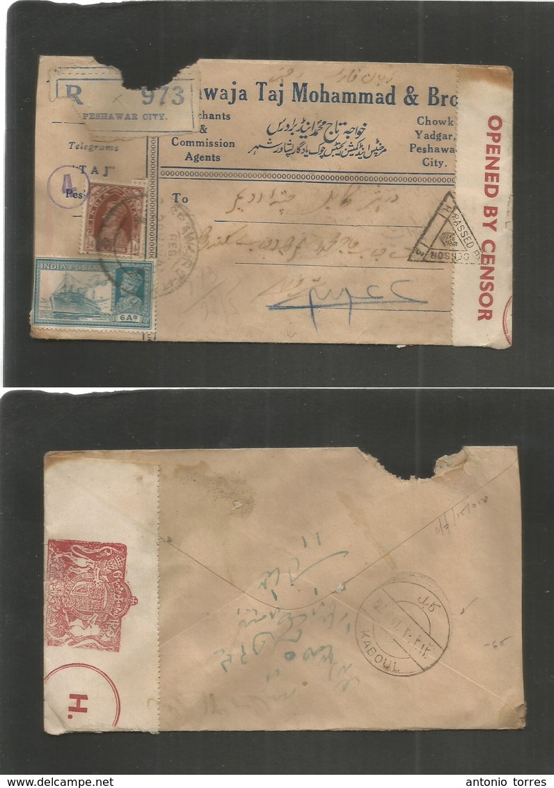 India. 1941. Peshawar (Today Pakistan) - Afghanistan, Kaboul (2 June 41) Registered Multifkd Twice Censored Envelope Wit - Autres & Non Classés